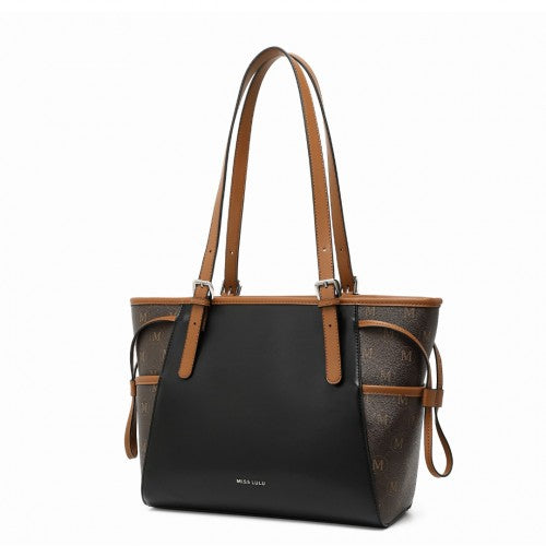 LG2322 - Miss Lulu Elegant Tote Bag With Monogram Pattern - Black And Brown