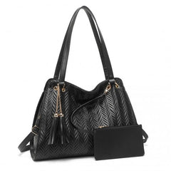 LG2339 - Miss Lulu Chic Embossed Tote With Tassel Detail And Card Pouch - Black