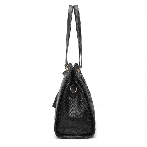 LG2339 - Miss Lulu Chic Embossed Tote With Tassel Detail And Card Pouch - Black