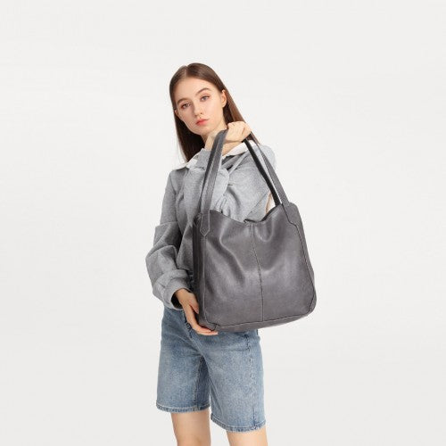 LH2230 - Miss Lulu Soft Leather Multiple Pocket Tote Shoulder Bag - Grey