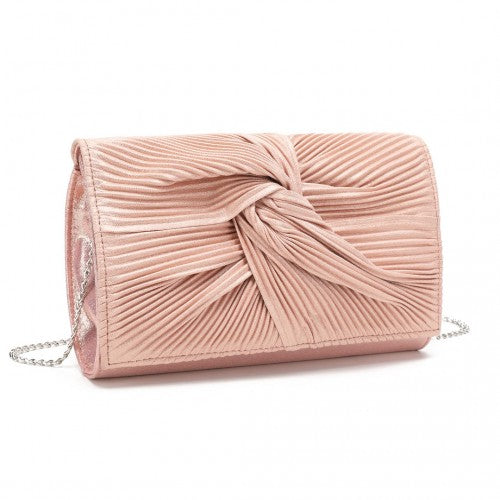 LH2252 - Miss Lulu Women's Pleated Bow Evening Bag Clutch Handbag - Pink