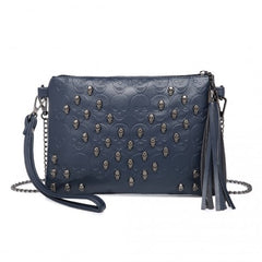 LH2412 - Miss Lulu Soft PU Ultra-Lightweight Clutch Bag with Skull Embossing Tassel Detail and Long Chain Shoulder Strap - Navy