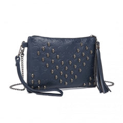 LH2412 - Miss Lulu Soft PU Ultra-Lightweight Clutch Bag with Skull Embossing Tassel Detail and Long Chain Shoulder Strap - Navy