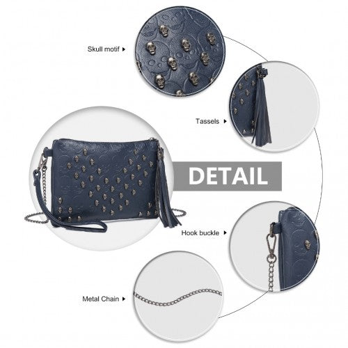 LH2412 - Miss Lulu Soft PU Ultra-Lightweight Clutch Bag with Skull Embossing Tassel Detail and Long Chain Shoulder Strap - Navy