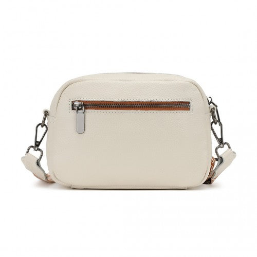 LH2418 - Miss Lulu Elegant Genuine Leather Crossbody Shoulder Bag with Jacquard Woven Strap - Beige And Brown