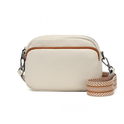 LH2418 - Miss Lulu Elegant Genuine Leather Crossbody Shoulder Bag with Jacquard Woven Strap - Beige And Brown