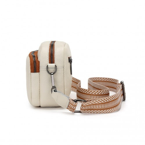 LH2418 - Miss Lulu Elegant Genuine Leather Crossbody Shoulder Bag with Jacquard Woven Strap - Beige And Brown