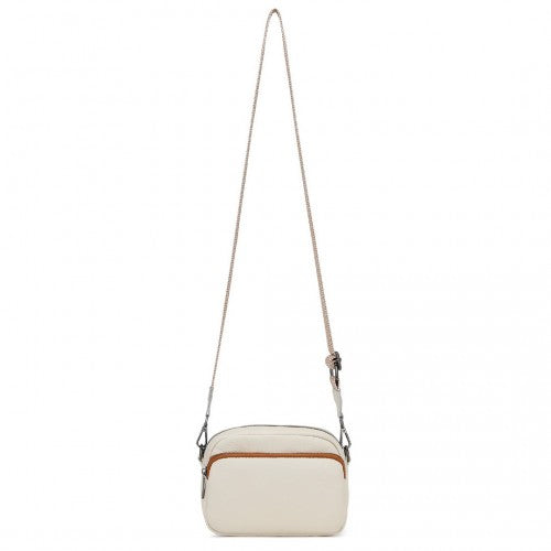 LH2418 - Miss Lulu Elegant Genuine Leather Crossbody Shoulder Bag with Jacquard Woven Strap - Beige And Brown