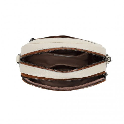 LH2418 - Miss Lulu Elegant Genuine Leather Crossbody Shoulder Bag with Jacquard Woven Strap - Beige And Brown