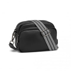 LH2418 - Miss Lulu Elegant Genuine Leather Crossbody Shoulder Bag with Jacquard Woven Strap - Black