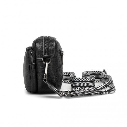 LH2418 - Miss Lulu Elegant Genuine Leather Crossbody Shoulder Bag with Jacquard Woven Strap - Black