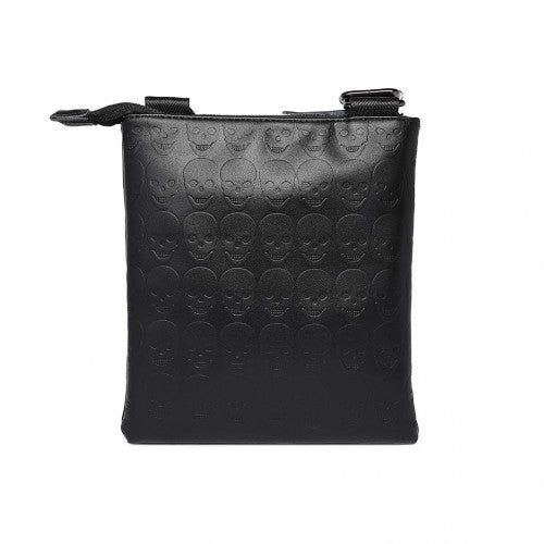 LH2419 - Miss Lulu Stylish Gothic Skull Embossed PU Leather Crossbody Messenger Bag with Metal Accents - Black