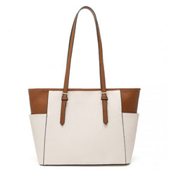 LM1642-1 - Miss Lulu Faux Leather Adjustable Handle Tote Bag - Beige And Light Brown