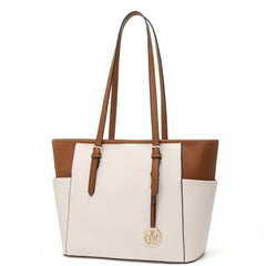 LM1642-1 - Miss Lulu Faux Leather Adjustable Handle Tote Bag - Beige And Light Brown