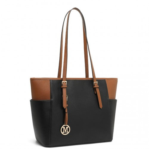 LM1642-1 - Miss Lulu Faux Leather Adjustable Handle Tote Bag - Black And Brown