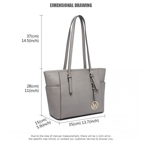 LM1642-1 - Miss Lulu Faux Leather Adjustable Handle Tote Bag - Grey