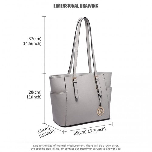 LM1642-1 - Miss Lulu Faux Leather Adjustable Handle Tote Bag - Light Grey