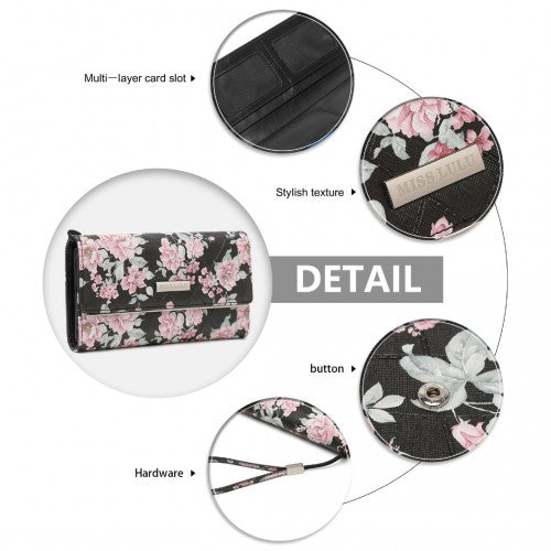 LP2353F - Miss Lulu Ladies' Flower Printed PU Leather Long Purse - Black