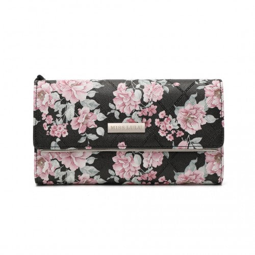 LP2353F - Miss Lulu Ladies' Flower Printed PU Leather Long Purse - Black