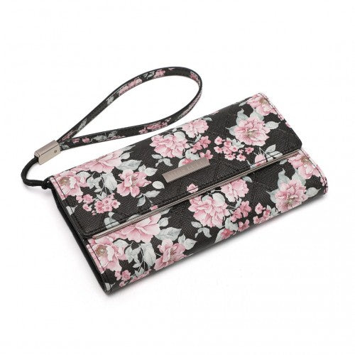 LP2353F - Miss Lulu Ladies' Flower Printed PU Leather Long Purse - Black