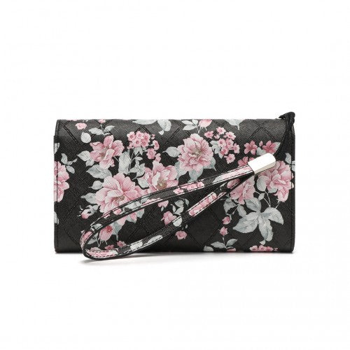 LP2353F - Miss Lulu Ladies' Flower Printed PU Leather Long Purse - Black