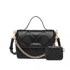 LT2201 - Miss Lulu Diamond Quilted Leather Chain Shoulder Bag - Black