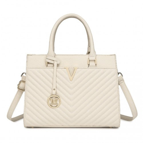 LT2357 - Miss Lulu Chic V-Quilted PU Leather Sophisticated Handbag - Beige