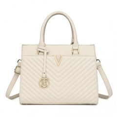 LT2357 - Miss Lulu Chic V-Quilted PU Leather Sophisticated Handbag - Beige