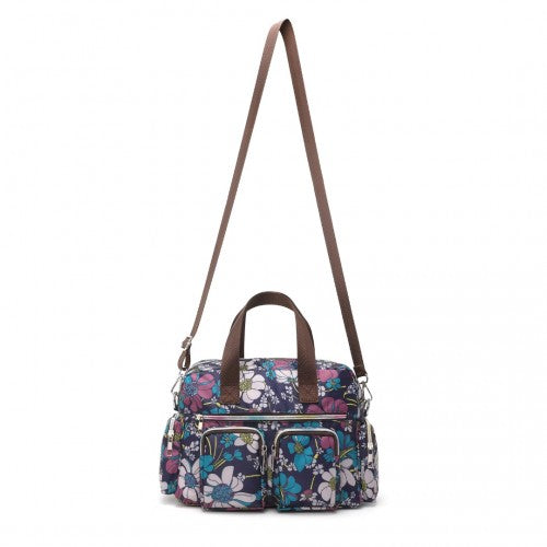 MSK2434F - Kono Versatile Multi-Pocket Travel Bag With Adjustable Detachable Strap And Flower Print - Navy