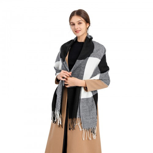 S6430 - Women Fashion Long Shawl Grid Tassel Winter Warm Lattice Large Scarf - Black