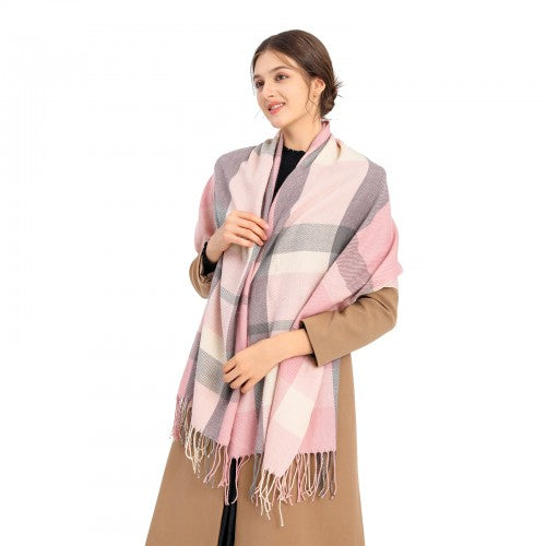 S6430 - Women Fashion Long Shawl Grid Tassel Winter Warm Lattice Large Scarf - Pink