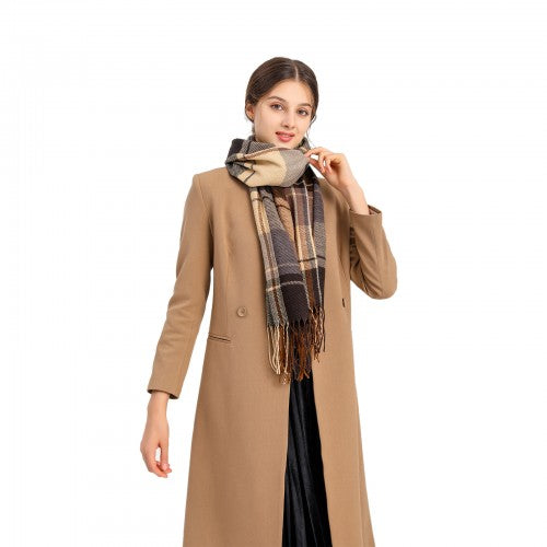 S6430 - Women Fashion Long Shawl Grid Tassel Winter Warm Lattice Large Scarf - Brown