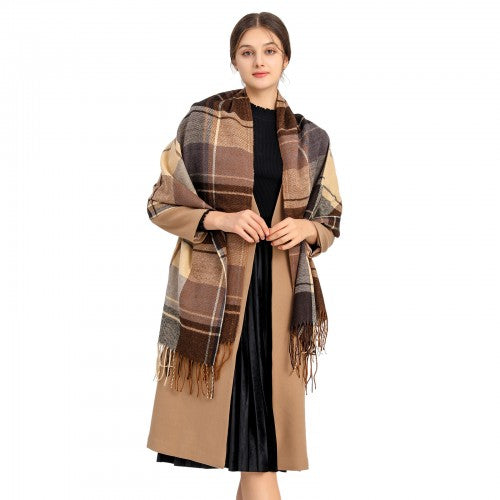 S6430 - Women Fashion Long Shawl Grid Tassel Winter Warm Lattice Large Scarf - Brown