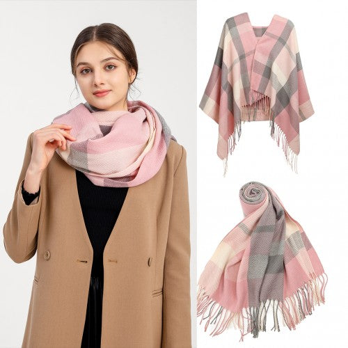 S6430 - Women Fashion Long Shawl Grid Tassel Winter Warm Lattice Large Scarf - Pink