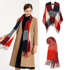 S6430 - Women Fashion Long Shawl Grid Tassel Winter Warm Lattice Large Scarf - Red