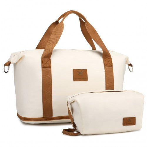 S2366 - 36L Expandable Water-Resistant Travel Tote Set with Cosmetic Pouch Versatile Carry-On Duffel Bag - Beige And Brown