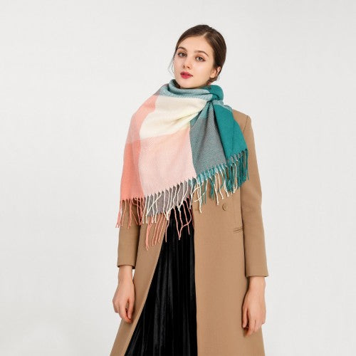 S6430 - Women Fashion Long Shawl Grid Tassel Winter Warm Lattice Large Scarf - Green