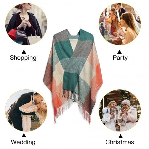 S6430 - Women Fashion Long Shawl Grid Tassel Winter Warm Lattice Large Scarf - Green