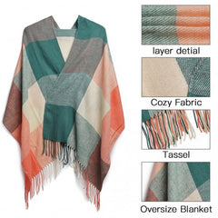 S6430 - Women Fashion Long Shawl Grid Tassel Winter Warm Lattice Large Scarf - Green