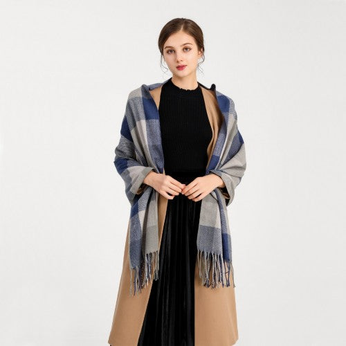 S6430 - Women Fashion Long Shawl Grid Tassel Winter Warm Lattice Large Scarf - Grey