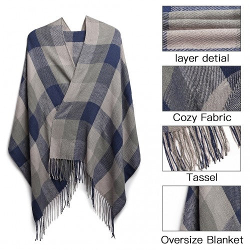 S6430 - Women Fashion Long Shawl Grid Tassel Winter Warm Lattice Large Scarf - Grey