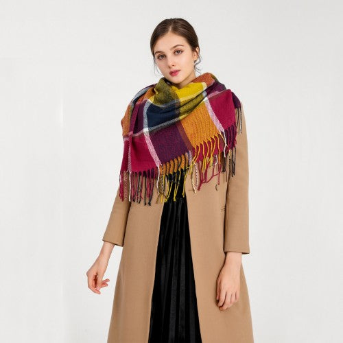 S6430 - Women Fashion Long Shawl Grid Tassel Winter Warm Lattice Large Scarf - Purple