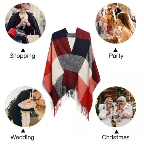 S6430 - Women Fashion Long Shawl Grid Tassel Winter Warm Lattice Large Scarf - Red