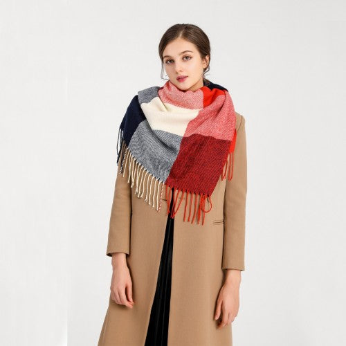 S6430 - Women Fashion Long Shawl Grid Tassel Winter Warm Lattice Large Scarf - Red