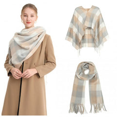 S6433 - Acrylic Fashion Women's Long Shawl Grid Tassel Winter Warm Oversized Scarf - Beige