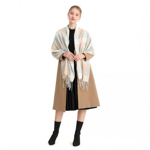 S6433 - Acrylic Fashion Women's Long Shawl Grid Tassel Winter Warm Oversized Scarf - Beige