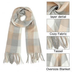 S6433 - Acrylic Fashion Women's Long Shawl Grid Tassel Winter Warm Oversized Scarf - Beige