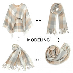 S6433 - Acrylic Fashion Women's Long Shawl Grid Tassel Winter Warm Oversized Scarf - Beige