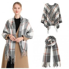 S6433 - Acrylic Fashion Women's Long Shawl Grid Tassel Winter Warm Oversized Scarf - Grey