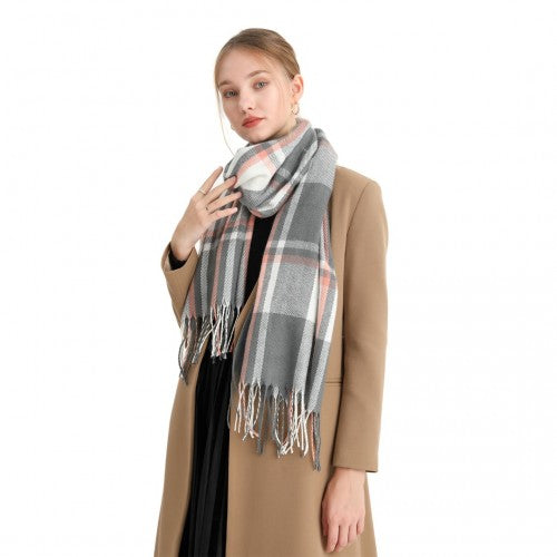 S6433 - Acrylic Fashion Women's Long Shawl Grid Tassel Winter Warm Oversized Scarf - Grey